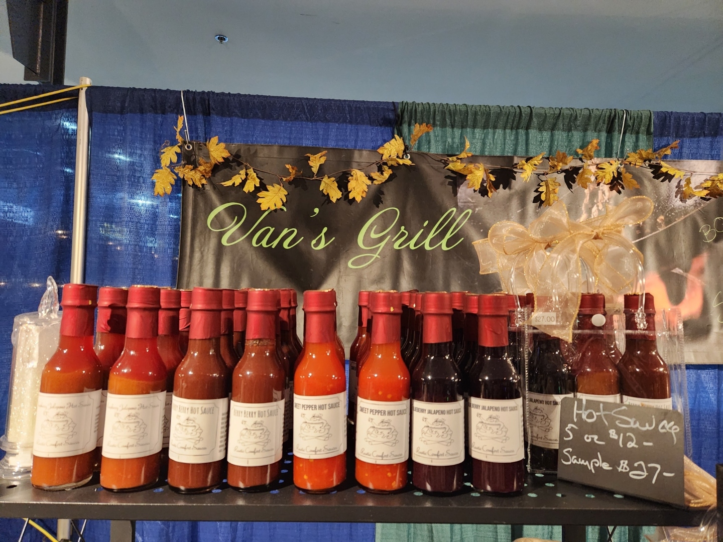 Hot sauces on display at Van's grill
