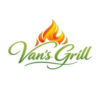 Van’s Grill logo with green script text and orange flame on a dark background
