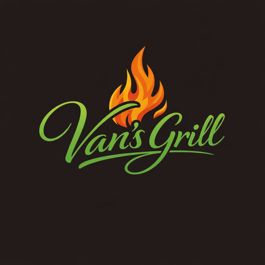 Van’s Grill logo with green script text and orange flame on a dark background
