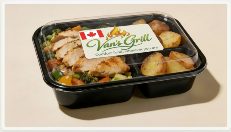 Van’s Grill ready-made chicken and potato meal prep container with logo and Canadian flag label.